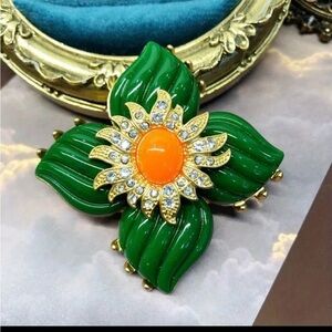 Green and Orange Floral Brooch Metal Base